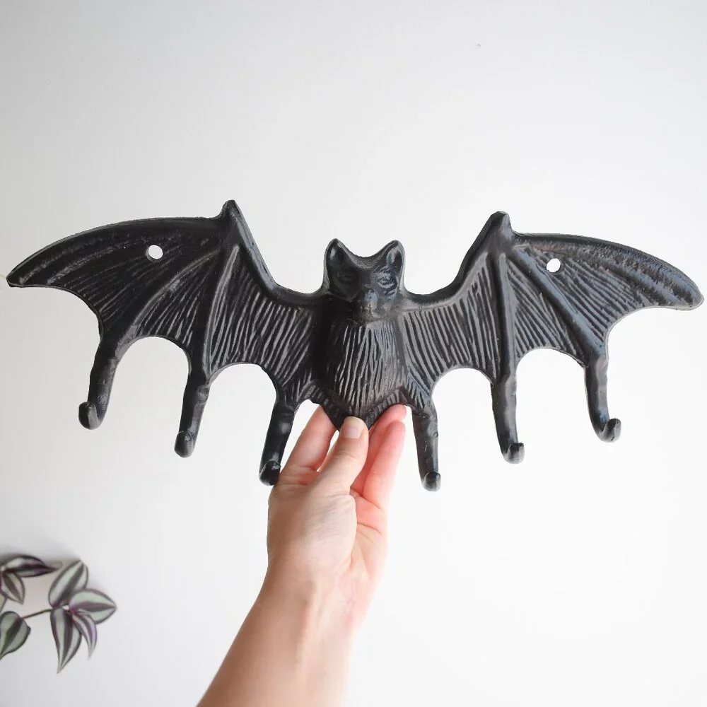 Large Rustic Gothic Black Cast Iron Metal Vampire Bat Hook Wall Halloween Decor
